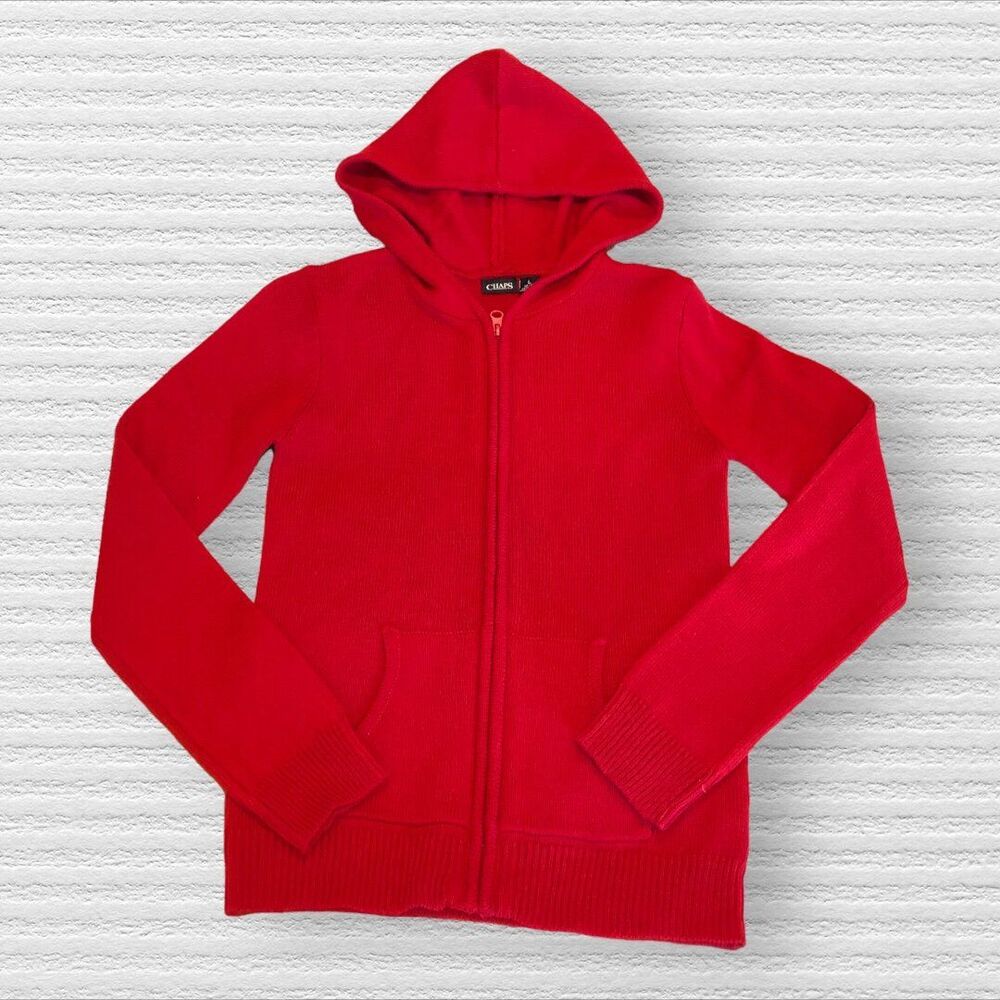 Chaps Large 12-14 Red Knit Full Zip Hooded Sweater Holiday Christmas